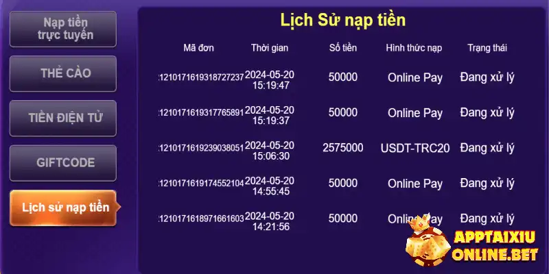 Kiểm tra lịch sử giao dịch để biết tiến độ xử lý lệnh nạp